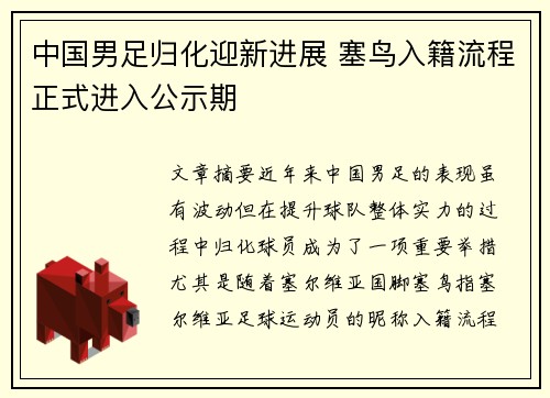 中国男足归化迎新进展 塞鸟入籍流程正式进入公示期