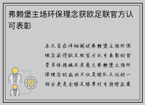 弗赖堡主场环保理念获欧足联官方认可表彰